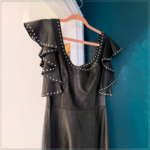 $8990 Alexander McQueen Studded Trim Lamb Leather Ruffle Runway Midi Dress - Picture 5 of 11